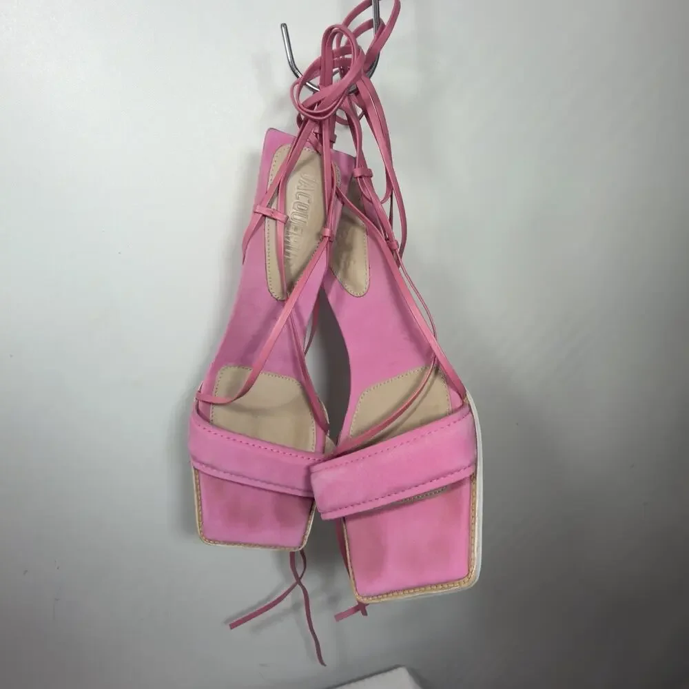 Jacquemus Pink Suede Ankle Tie Block Heel Sandals Size 8 UK 39 - Picture 4 of 15